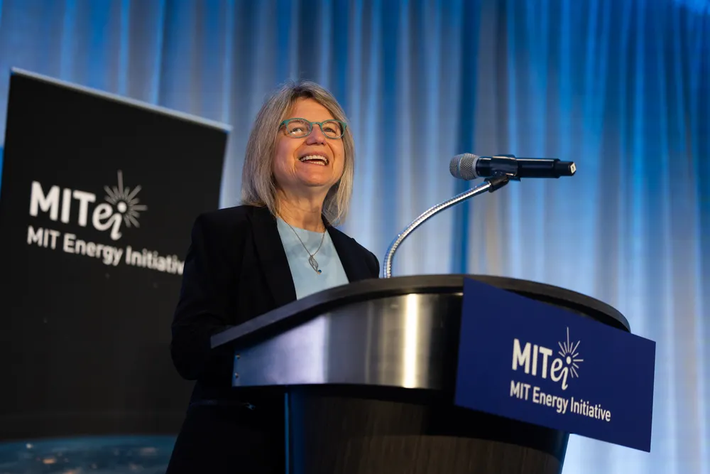 MIT President Sally Kornbluth presents at the 2024 MIT Energy Initiative Annual Research Conference.