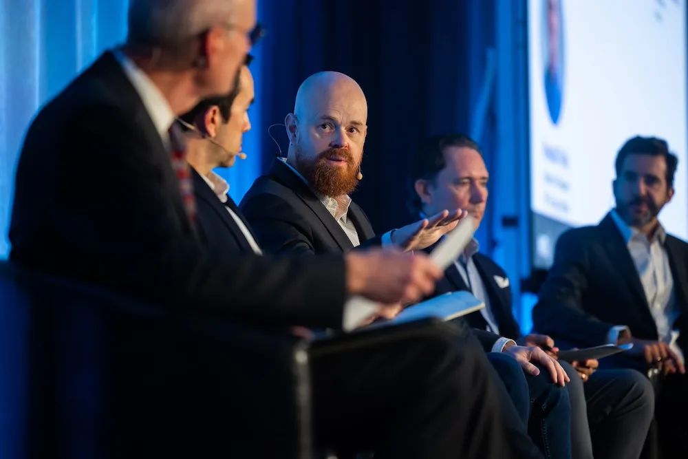 Sean James of Microsoft speaks on a panel during the MIT Energy Initiative Annual Research Conference.