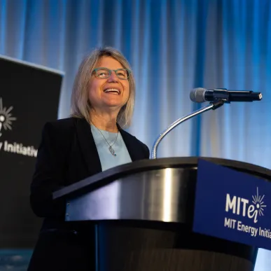 MIT President Sally Kornbluth presents at the 2024 MIT Energy Initiative Annual Research Conference.