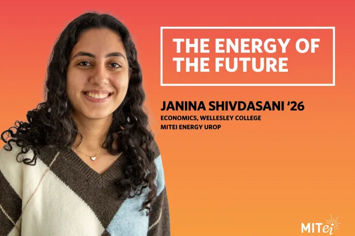 Headshot of Janina Shivdasani against an orange background. Text to the right reads: The Energy of the Future. Janina Shivdasani ’26, Economics (Wellesley College), MITEI Energy UROP. 