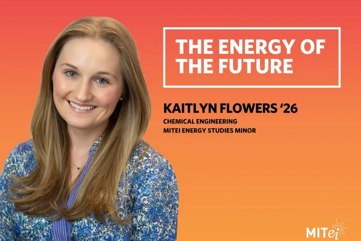 Headshot of Kaitlyn Flowers against an orange background. Text to the right reads: The Energy of the Future. Kaitlyn Flowers ’26, Chemical Engineering, MITEI ESM.