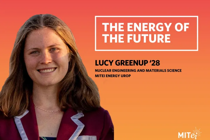 Headshot of Lucy Greenup against an orange background. Text to the right reads: The Energy of the Future. Lucy Greenup ’28, Nuclear Engineering and Materials Science, MITEI Energy UROP. 