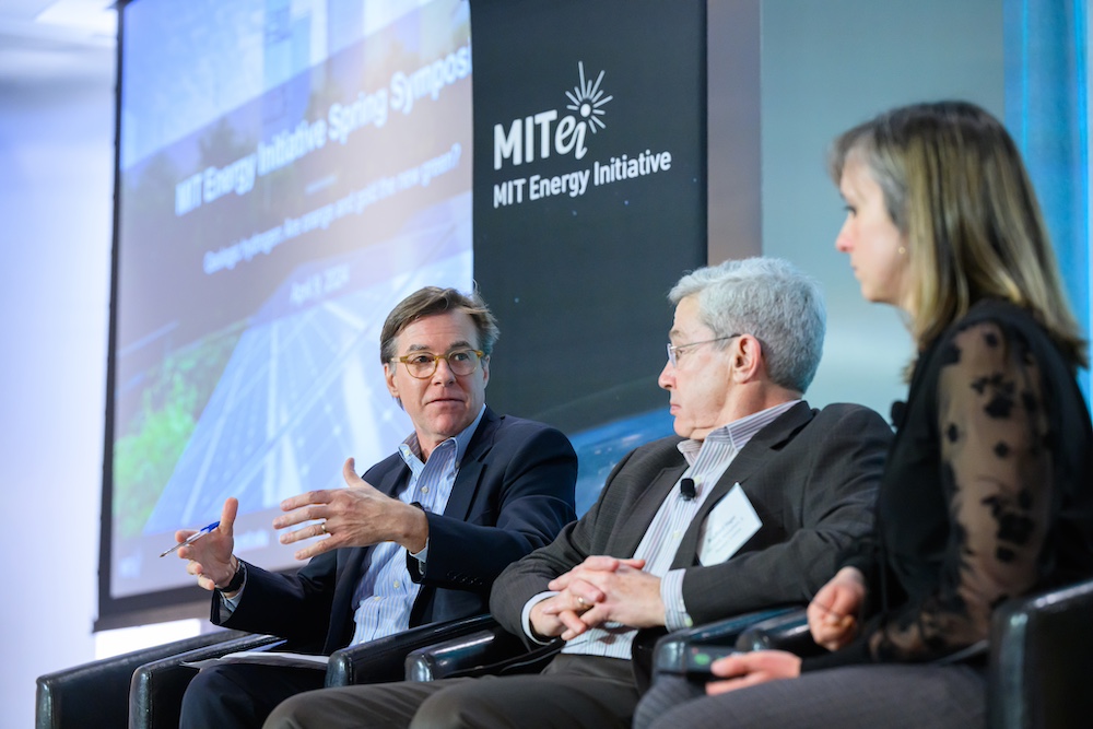 Robert Stoner (left), the founding director of the MIT Tata Center for Technology and Design, moderated a panel on the environmental implications of geologic hydrogen. Panelists included MIT Professor Bradford Hager (middle) and Emily Yedinak (right), a senior technical analyst at geologic hydrogen company Koloma. Credit: Gretchen Ertl 