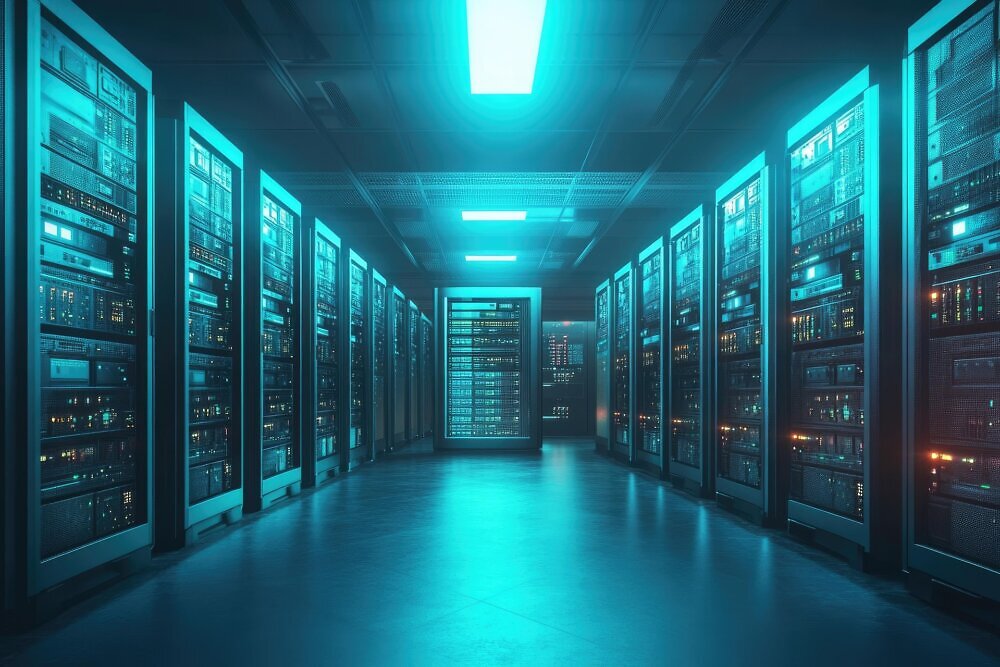 aisle of data center with server racks on either side