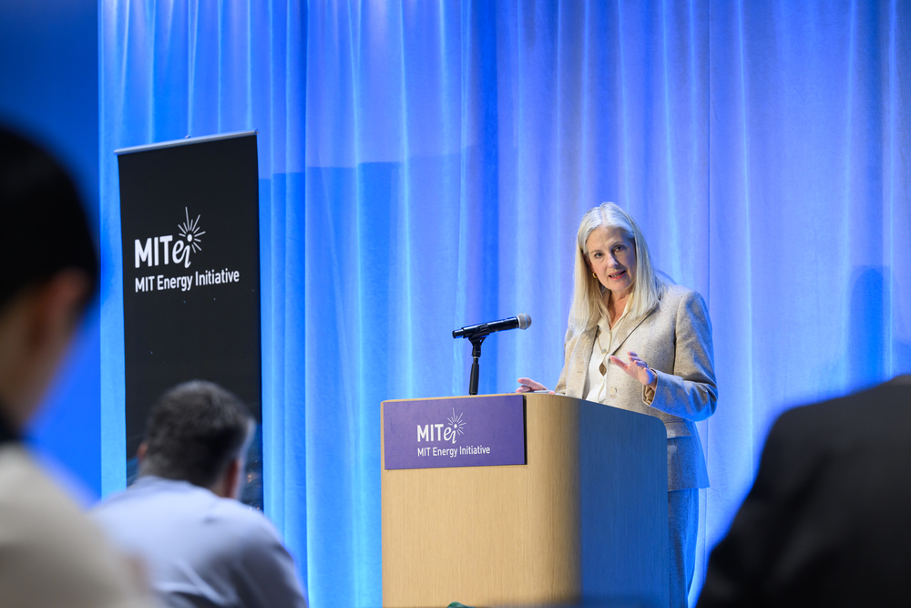 Karen Knutson, MIT’s vice president for government affairs, gave the welcome address at the MIT Energy Initiative’s Spring Symposium, at which experts gathered to explore opportunities for next-generation geothermal for firm power.