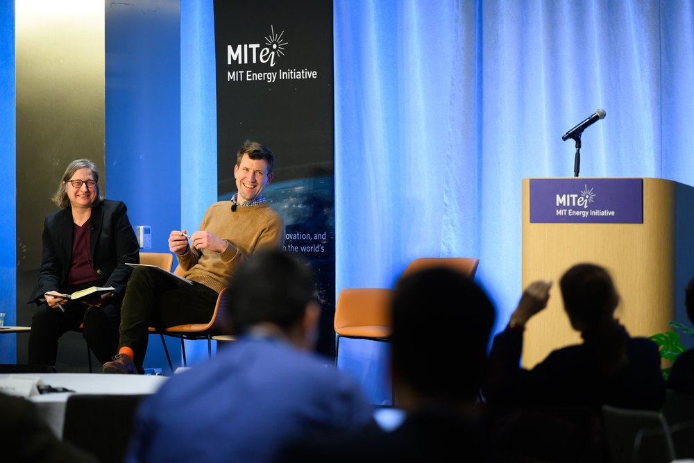 Carolyn Ruppel, MITEI deputy director of science and technology, and Andrew Inglis, the venture builder in residence with MIT Proto Ventures, wrap up the day-long conference following a series of discussions ranging from accessing geothermal resources to avenues for sparking investment in it.